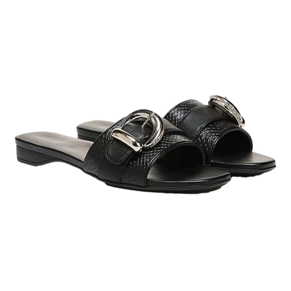 Naturalizer slip on slide flat sandals Black with Silver Buckle (9.5) NEW..